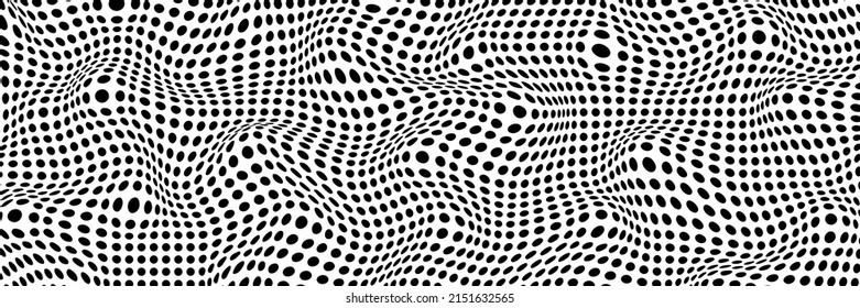 Abstract polka dot background. Vector illustration with optical illusion, op art. Long horizontal banner.