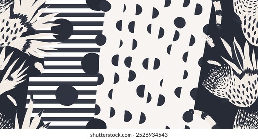 Abstract polka dot with flowers collage pattern. Dynamic playful contemporary print. Fashionable template for design. 