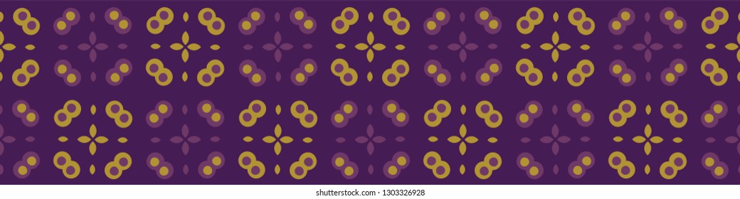 Abstract polka dot grid border. Seamless repeating. Hand drawn vector illustration. Geo dots circles quilt style in decorative mustard yellow, purple banner ribbon. Masculine trim, retro home decor.