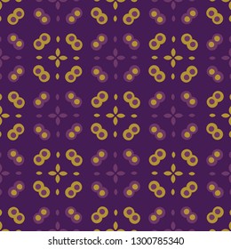 Abstract polka dot grid pattern. Seamless repeating. Hand drawn vector illustration. Geo dots circles quilt style in decorative mustard yellow, purple background. Masculine fashion, retro home decor.