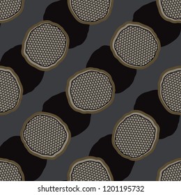 Abstract Polka Dot Grid Seamless Vector Pattern, Hand Drawn Geometric Circles Illustration for Trendy Home Decor, Masculine Fashion Prints, Wallpaper, Textiles. Black Brown Gift Wrap Background.