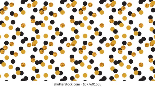 Abstract polka dot pattern with gold glitter effect. Falling golden abstract decoration for party, birthday celebrate, anniversary or event, festive. Festival decor. Vector illustration. 