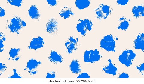 Abstract polka dot rough brush strokes in the form of dots seamless pattern. Design seamless pattern vector dry oily brush. Blue dots on white background, hand drawn vector print. Vector illustration.