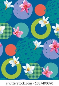 Abstract polka dot seamless pattern with plumeria flowers. Different colors and textures.