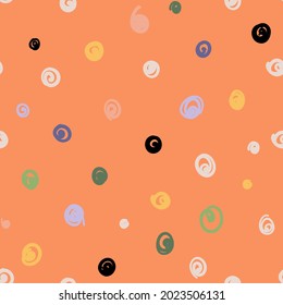 Abstract polka dot seamless pattern for textile, fabric, wrapping paper, wallpaper and other print and design. Colorful doodle spots on orange background. Vector hand-drawn illustration.