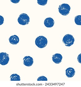 Abstract polka dot seamless pattern. Blue dots on white background, hand drawn vector print.