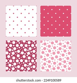 Abstract polka dot seamless patterns set vector illustration in bright vibrant magenta shades color, repeat ornament for textile, fabric, cute home decor