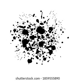 Abstract polka dot splash. Black messy hand drawn drip points isolated on white background. Brush stroke, ink blots stain, dirty paint splash, drop, spray effect. Vector grunge splattered illustration