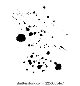 Abstract polka dot splash. Black messy hand drawn drip points isolated on white background. Brush stroke, ink blots stain, dirty paint splash, drop, spray effect. Vector grunge splattered illustration