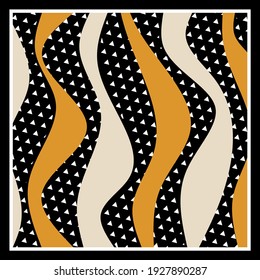 Abstract, Polka dot with wavy pattern on black  background. Vector design patch for print, textile, scarf design.