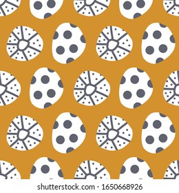 Puntos de Polka abstractos con textura azul y blanco oscuro sobre fondo de color naranja mostaza sin fisuras vectoriales. Formas de doodle repitiéndose dibujadas a mano modernas para textiles, impresión de tela, decoración, embalaje, niños