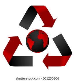 Abstract pollution threat, red and black recycle logo and globe. Vector background