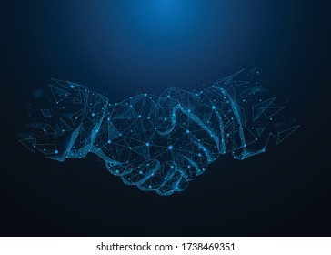 Abstract poly line and point agreement handshake on blue dark blue background. Hands link internet digital connection. Business mission success concept. Vector illustration in flat design.