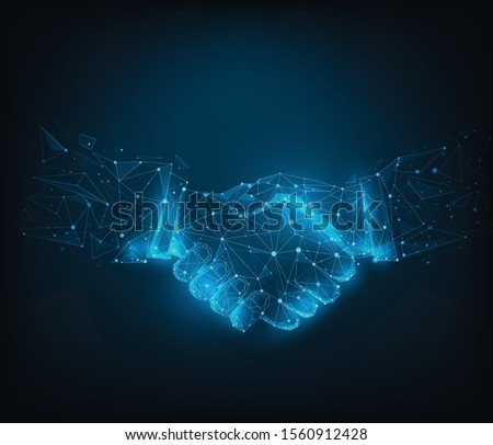Abstract poly line and point agreement handshake on blue dark blue background. Hands link internet  connection. Business success concept. Vector illustration in flat design.