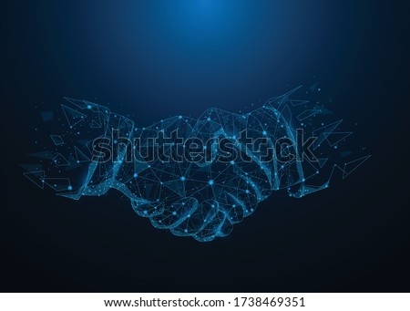 Abstract poly line and point agreement handshake on blue dark blue background. Hands link internet digital connection. Business mission success concept. Vector illustration in flat design.