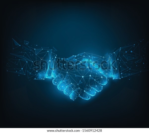 Abstract\
poly line and point agreement handshake on blue dark blue\
background. Hands link internet  connection. Business success\
concept. Vector illustration in flat\
design.