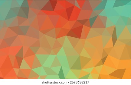 Abstract polygon art features a low poly mosaic with vibrant orange, green, and red triangles forming a structured geometrical pattern on a transparent background.