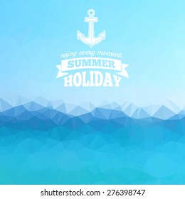 Abstract polygon background. Blue sea background with a summer logo with anchor. Vector.