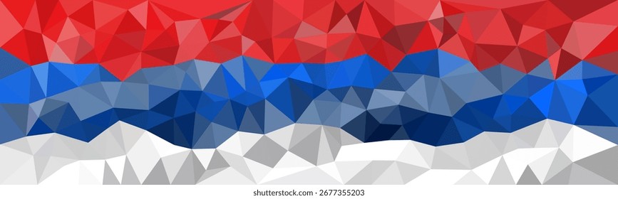 Abstract polygon flag design with red, blue, and white geometric low poly triangular shapes.