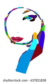Abstract polygon Girl face in mirror. Closeup mirror reflection of a woman face And See Herself In Mirror.