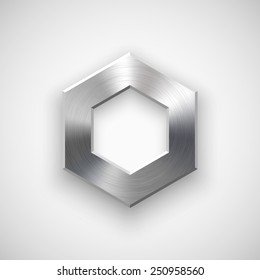 Polígono Abstractas, insignia hexagonal, Plantilla de Botón en blanco con textura metálica (cromo, plateado, acero), sombra realista y fondo claro para interfaces de usuario, interfaz de usuario, aplicaciones y App. Ilustración vectorial