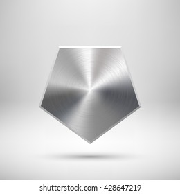 Abstract polygon, hex badge, blank button template with metal texture, chrome, silver, steel and realistic shadow for logo, design concepts, prints, web, interfaces, UI. Vector illustration.