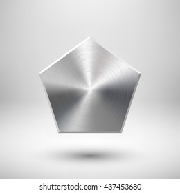 Abstract polygon, hex badge, blank button template with metal texture, chrome, silver, steel and realistic shadow for logo, design concepts, prints, web, interfaces, UI. Vector illustration.