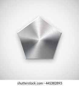 Abstract polygon, hex badge, blank button template with metal texture, chrome, silver, steel and realistic shadow for logo, design concepts, prints, web, interfaces. Vector illustration.