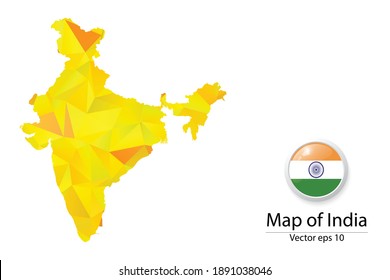 Abstract Polygon Map and Button Flag - Vector illustration Low Poly Color Yellow India map of isolated. Vector eps10.