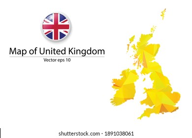 Abstract Polygon Map and Button Flag - Vector illustration Low Poly Color Yellow United Kingdom map of isolated. Vector eps10.