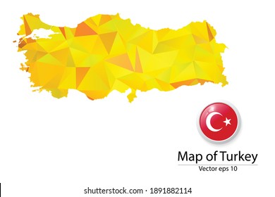 Abstract Polygon Map and Button Flag - Vector illustration Low Poly Color Yellow Turkey map of isolated. Vector eps10.