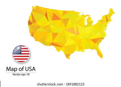 Abstract Polygon Map and Button Flag - Vector illustration Low Poly Color Yellow United States of America map of isolated. Vector eps10.