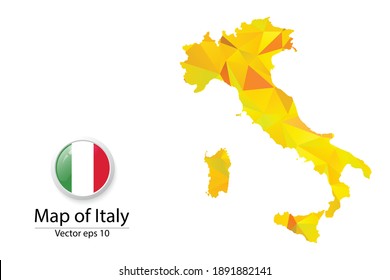 Abstract Polygon Map and Button Flag - Vector illustration Low Poly Color Yellow Italy map of isolated. Vector eps10.