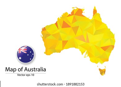 Abstract Polygon Map and Button Flag - Vector illustration Low Poly Color Yellow Australia map of isolated. Vector eps10.