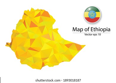 Carte Abstraite du Polygone et drapeau du Bouton - illustration Vectorielle Carte d'Ethiopie Jaune à Couleur Basse isolée. Image vectorielle eps10.