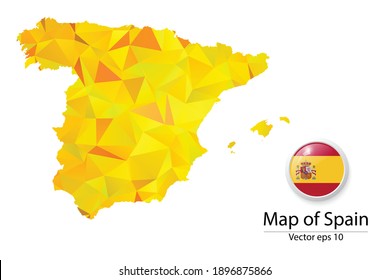 Abstract Polygon Map and Button Flag - Vector illustration Low Poly Color Yellow Spain map of isolated. Vector eps10.