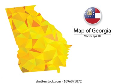 Abstract Polygon Map and Button Flag - Vector illustration Low Poly Color Yellow Georgia map of isolated. Vector eps10.