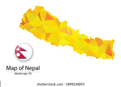 Abstract Polygon Map and Button Flag - Vector illustration Low Poly Color Yellow Nepal map of isolated. Vector eps10.