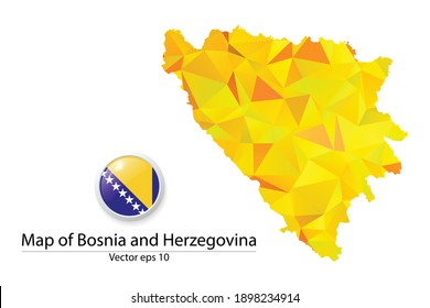Abstract Polygon Map and Button Flag - Vector illustration Low Poly Color Yellow Bosnia and Herzegovina map of isolated. Vector eps10.