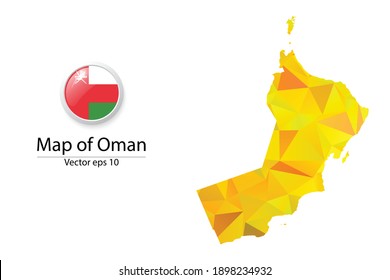 Abstract Polygon Map and Button Flag - Vector illustration Low Poly Color Yellow Oman map of isolated. Vector eps10.