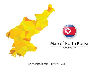 Abstract Polygon Map and Button Flag - Vector illustration Low Poly Color Yellow North Korea map of isolated. Vector eps10.