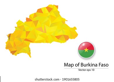 Abstract Polygon Map and Button Flag - Vector illustration Low Poly Color Yellow Burkina Faso map of isolated. Vector eps10.