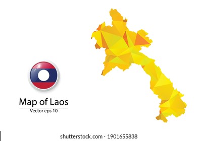 Abstract Polygon Map and Button Flag - Vector illustration Low Poly Color Yellow Laos map of isolated. Vector eps10.