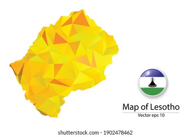 Abstract Polygon Map and Button Flag - Vector illustration Low Poly Color Yellow Lesotho map of isolated. Vector eps10.