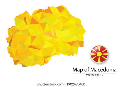 Abstract Polygon Map and Button Flag - Vector illustration Low Poly Color Yellow Macedonia map of isolated. Vector eps10.