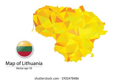 Abstract Polygon Map and Button Flag - Vector illustration Low Poly Color Yellow Lithuania map of isolated. Vector eps10.