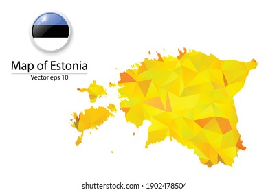 Abstract Polygon Map and Button Flag - Vector illustration Low Poly Color Yellow Estonia map of isolated. Vector eps10.