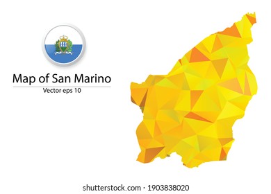 Abstract Polygon Map and Button Flag - Vector illustration Low Poly Color Yellow San Marino map of isolated. Vector eps10.