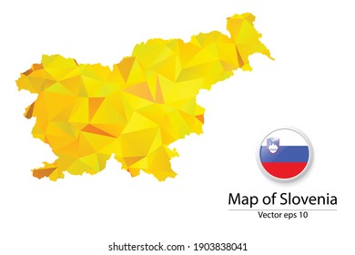 Abstract Polygon Map and Button Flag - Vector illustration Low Poly Color Yellow Slovenia map of isolated. Vector eps10.