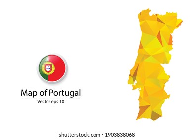 Abstract Polygon Map and Button Flag - Vector illustration Low Poly Color Yellow Portugal map of isolated. Vector eps10.